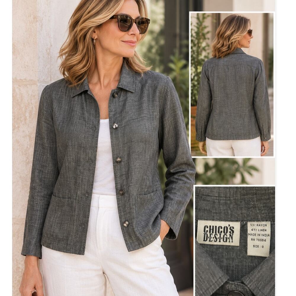 Vintage Chico’s Design Linen Rayon Jacket Size S Gray Button Front Minimalist